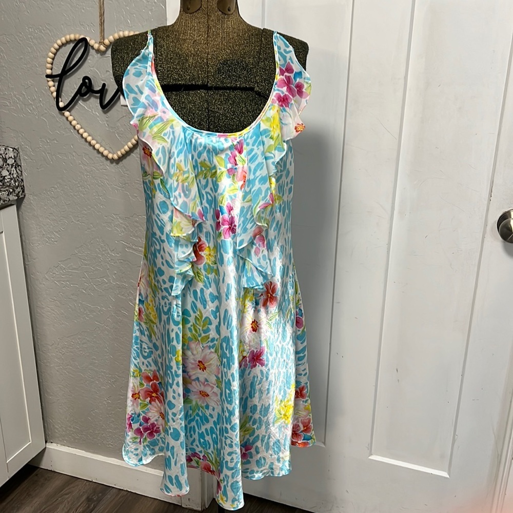 OSCAR DEL LA RENTA VINTAGE PINK LABEL
RUFFLE SLIP DRESS NIGHTIE BLUE LARGE